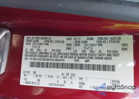 2017 Ford Escape Se z USA, uszkodzony, nr VIN 1FMCU0GD4HUC60475